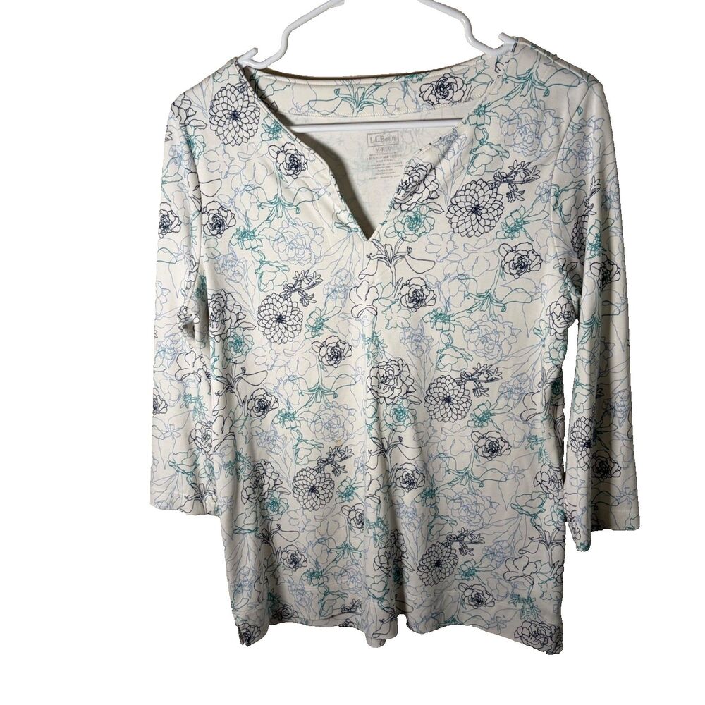LL Bean T-Shirt Women's Medium V-Neck 3/4 Sleeve Floral Printed Casual Top